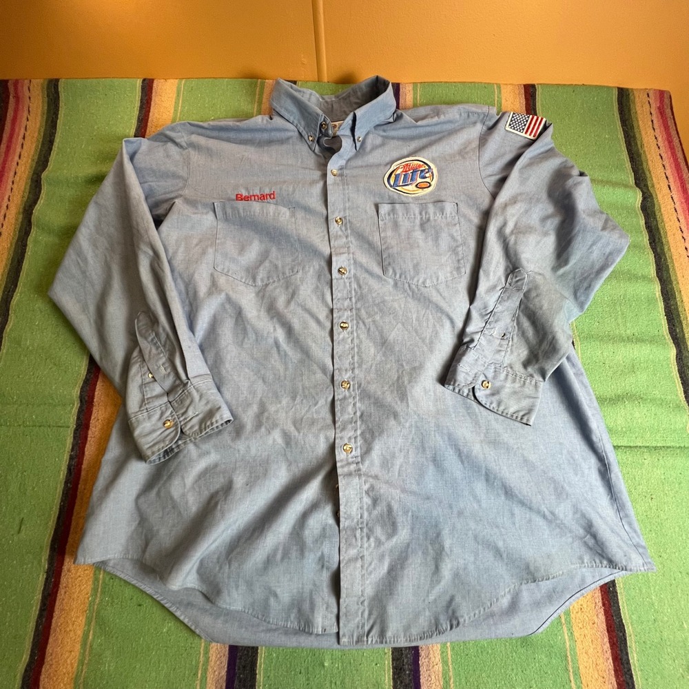 Riverside Miller Lite Work Shirt Mens XL Blue Long Sleeve Button Down Patch USA